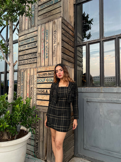 Black Tweed Dress With Blazer Set