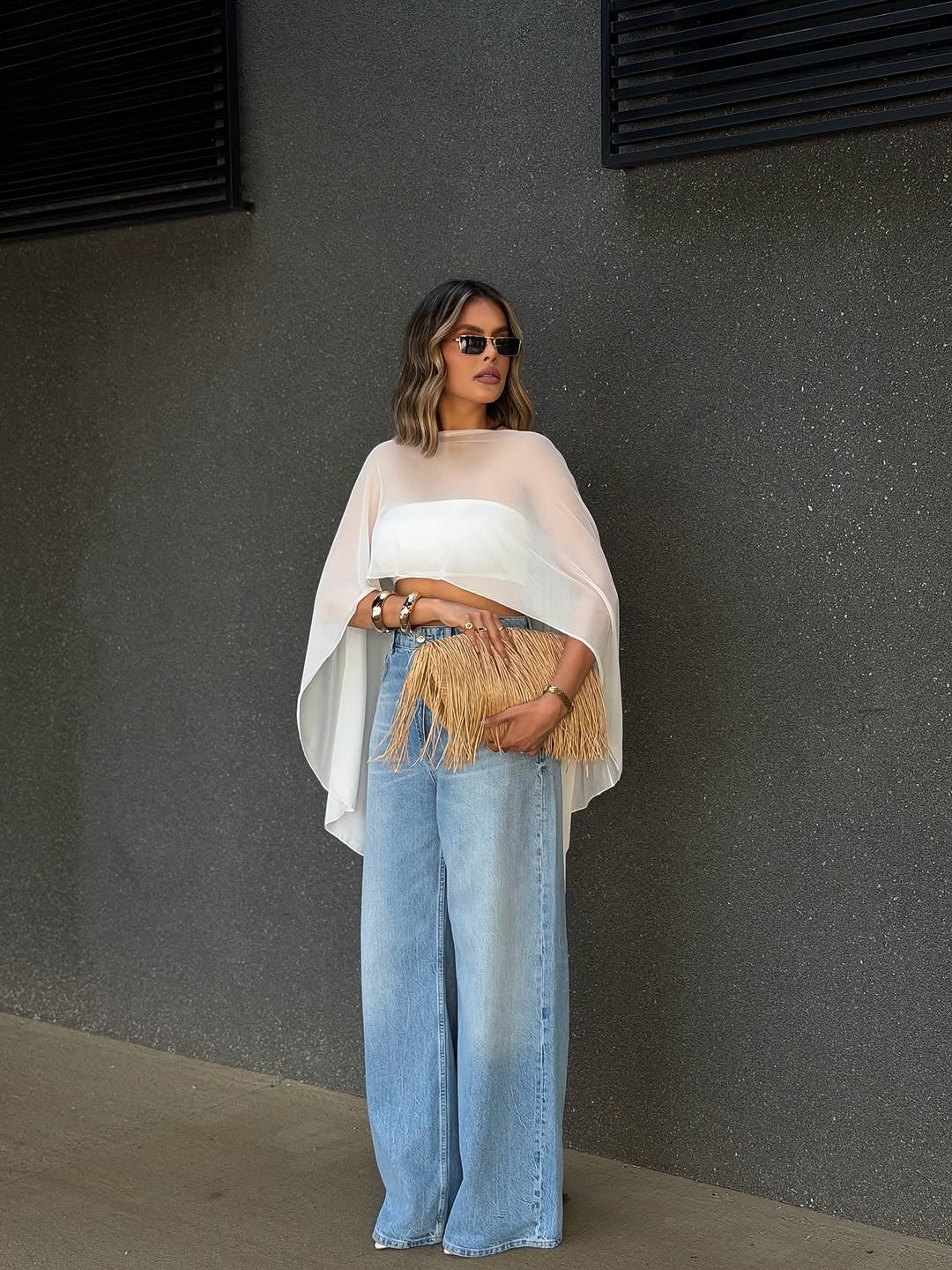 White Mesh Asymmetrical Long Top With Tube