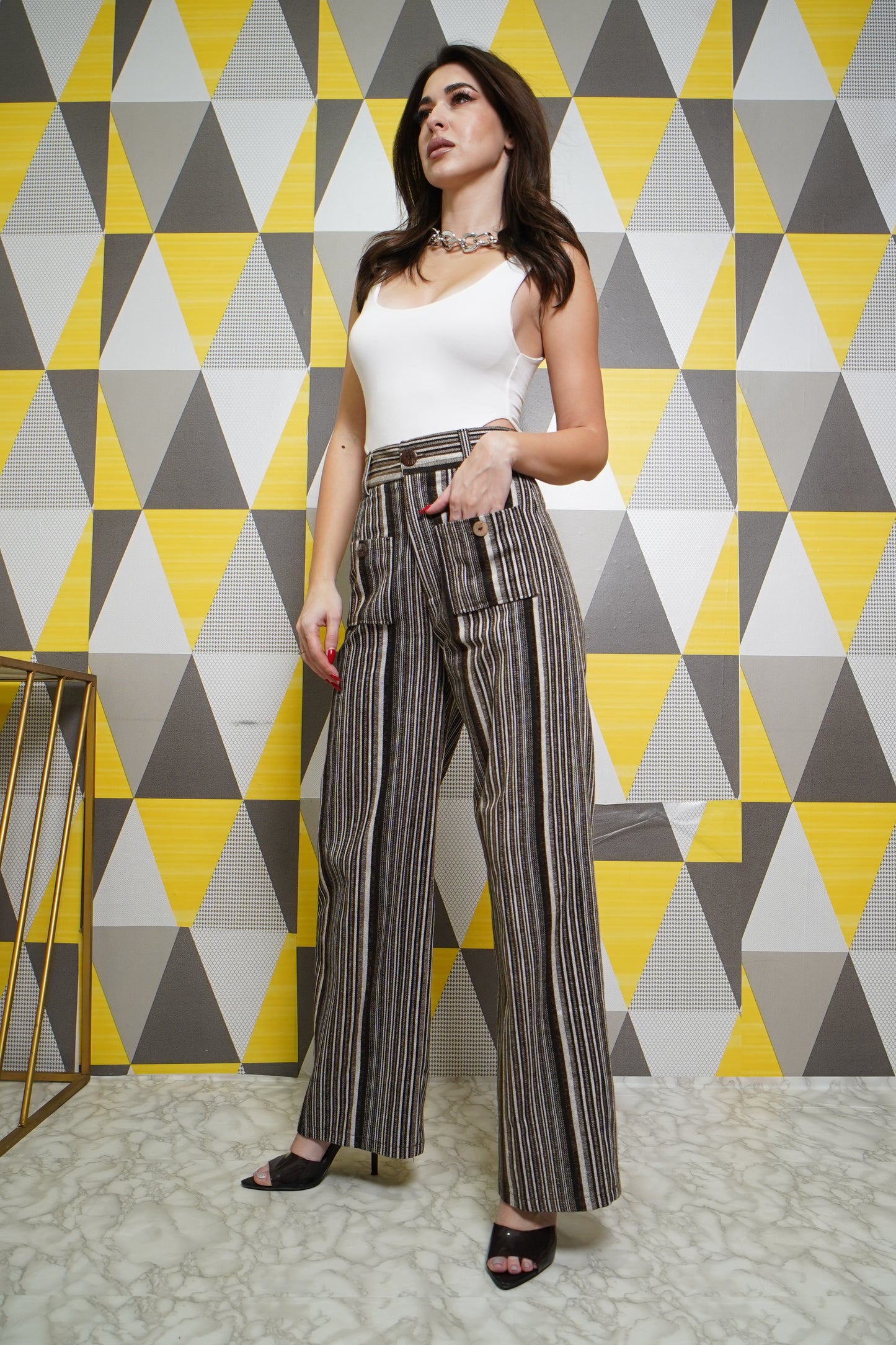 Cotton Striped Wide Leg Pants