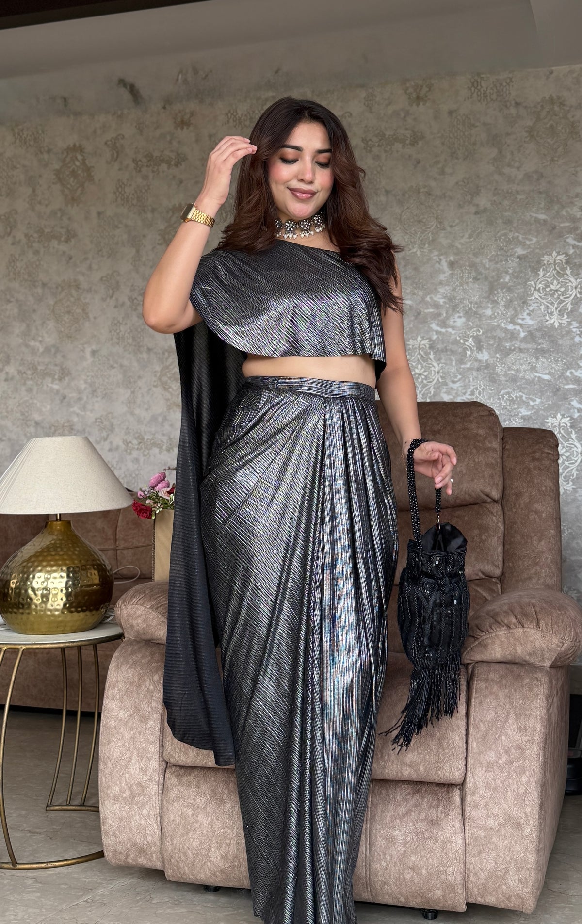 Metallic Pleated Skirt With Flared One Side Top