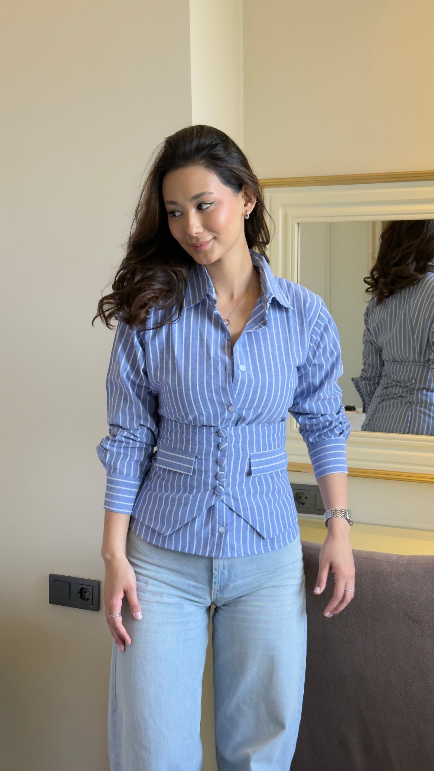 Blue Collared Shirt With Coat Belt