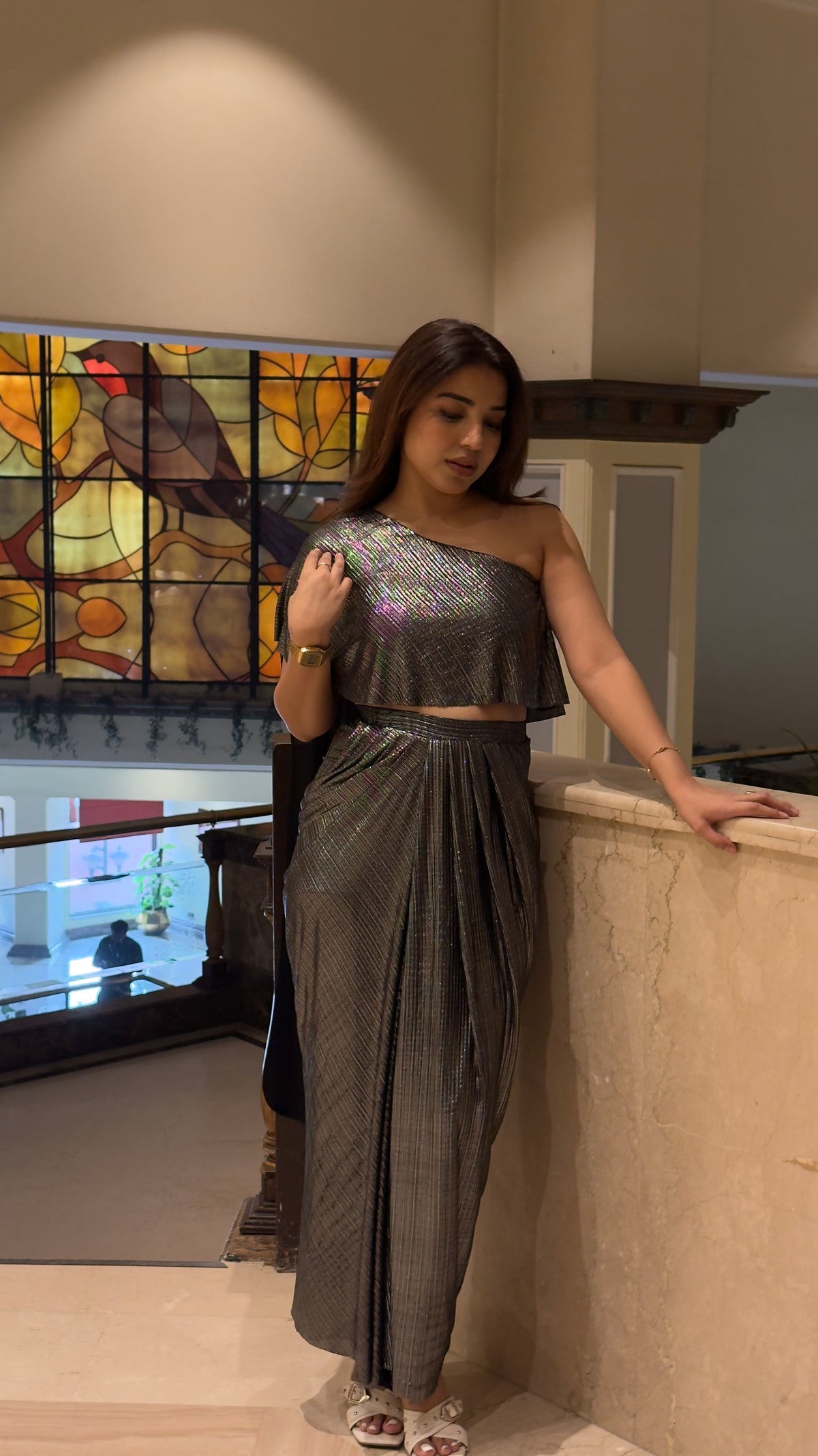 Metallic Pleated Skirt With Flared One Side Top