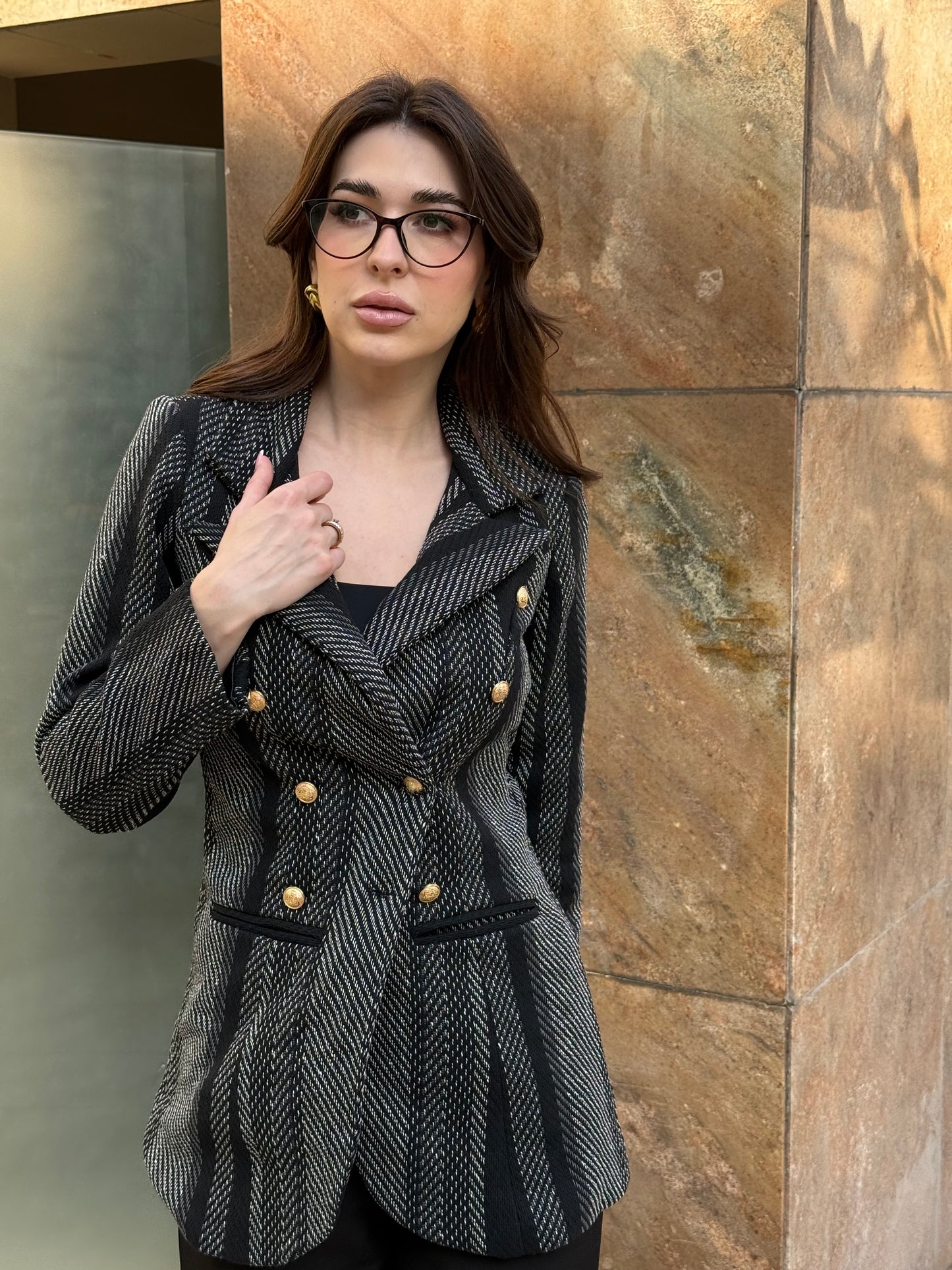 Tweed Long Sleeve Double Breasted Blazer