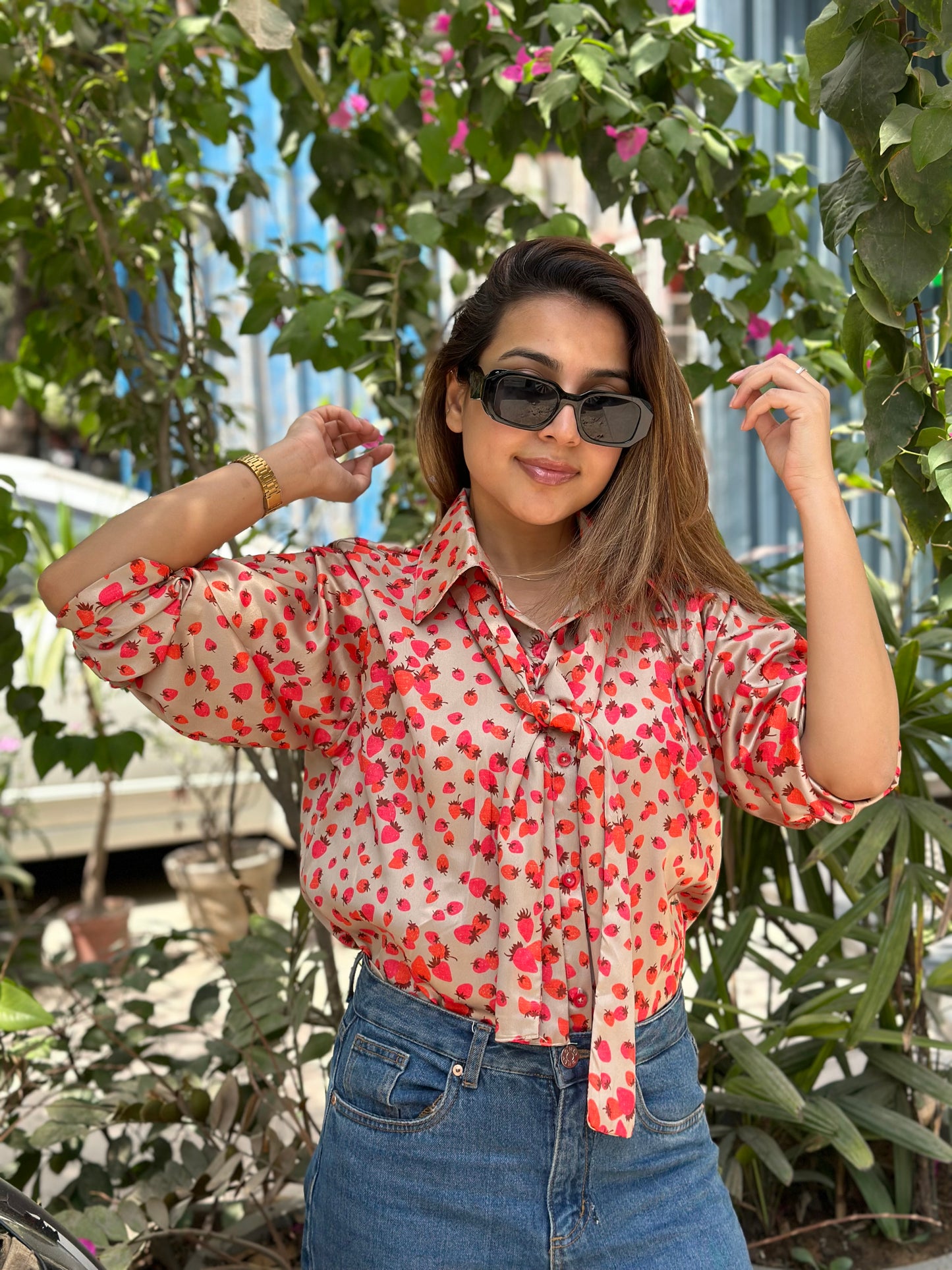 Strawberry Satin Shirt With Scarf