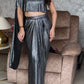 Metallic Pleated Skirt With Flared One Side Top