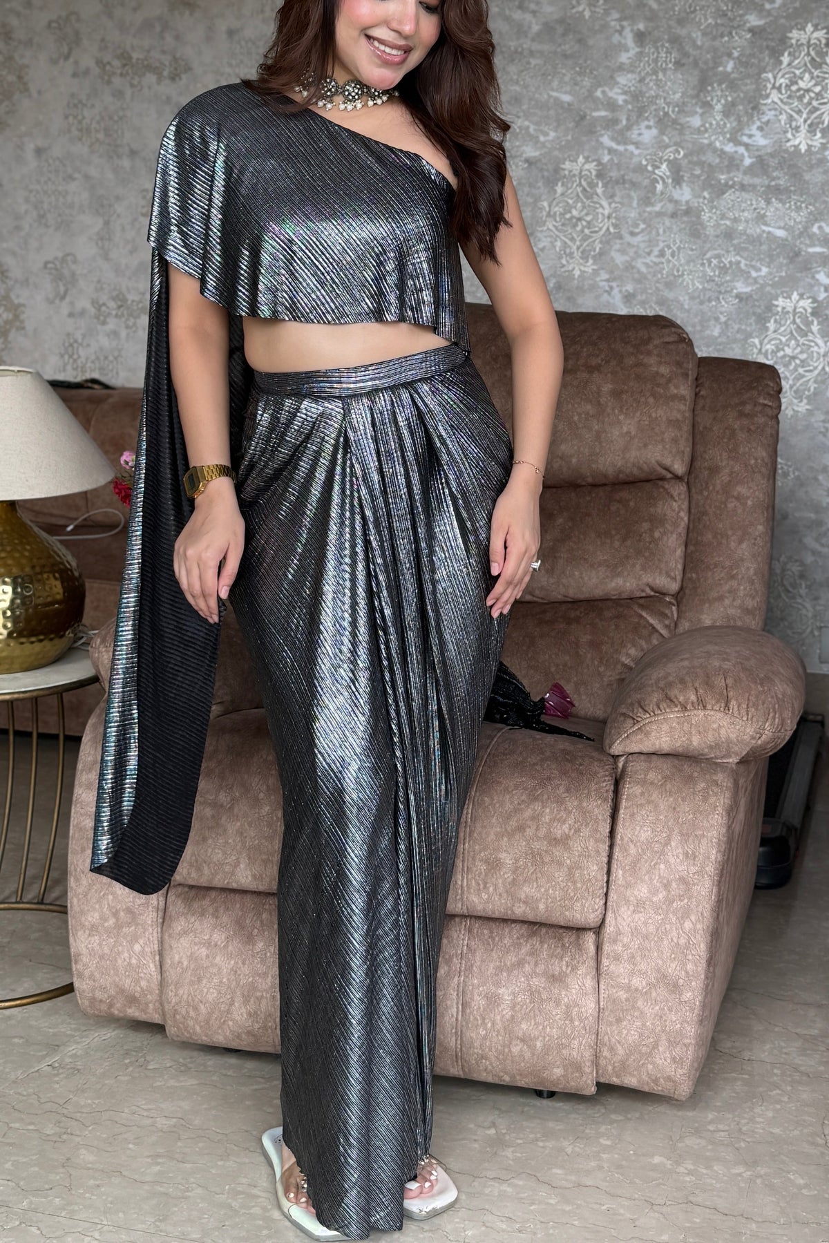 Metallic Pleated Skirt With Flared One Side Top