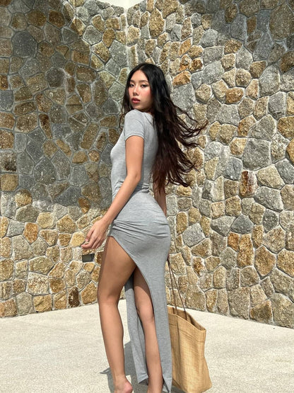 Body Fit Round Neck Slit Dress