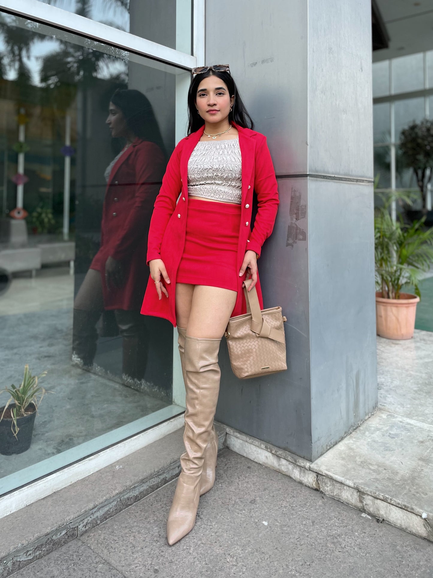 Red Suede Long Blazer With Mini Skirt