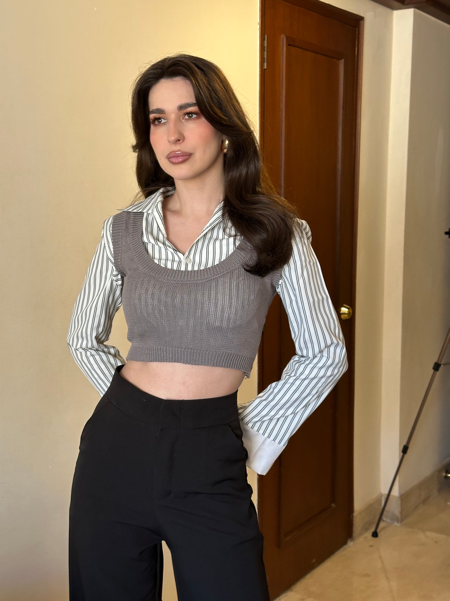 Clerical Cropped Shirt & Sweater Set