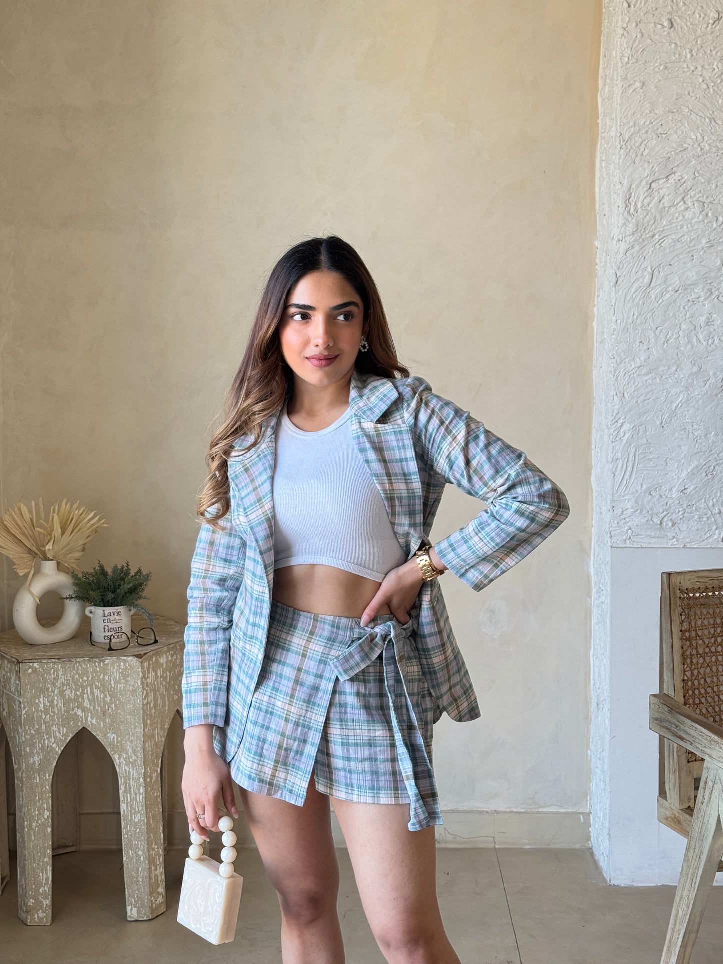 Pastel Cotton Blazer With Skorts