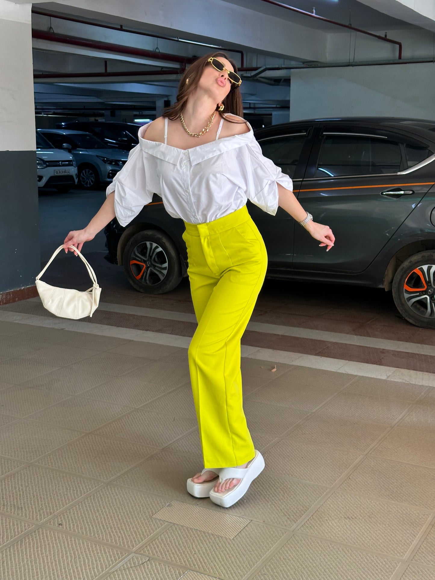 White Off-shoulder Shirt With Neon Yellow Pants