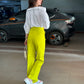 White Off-shoulder Shirt With Neon Yellow Pants