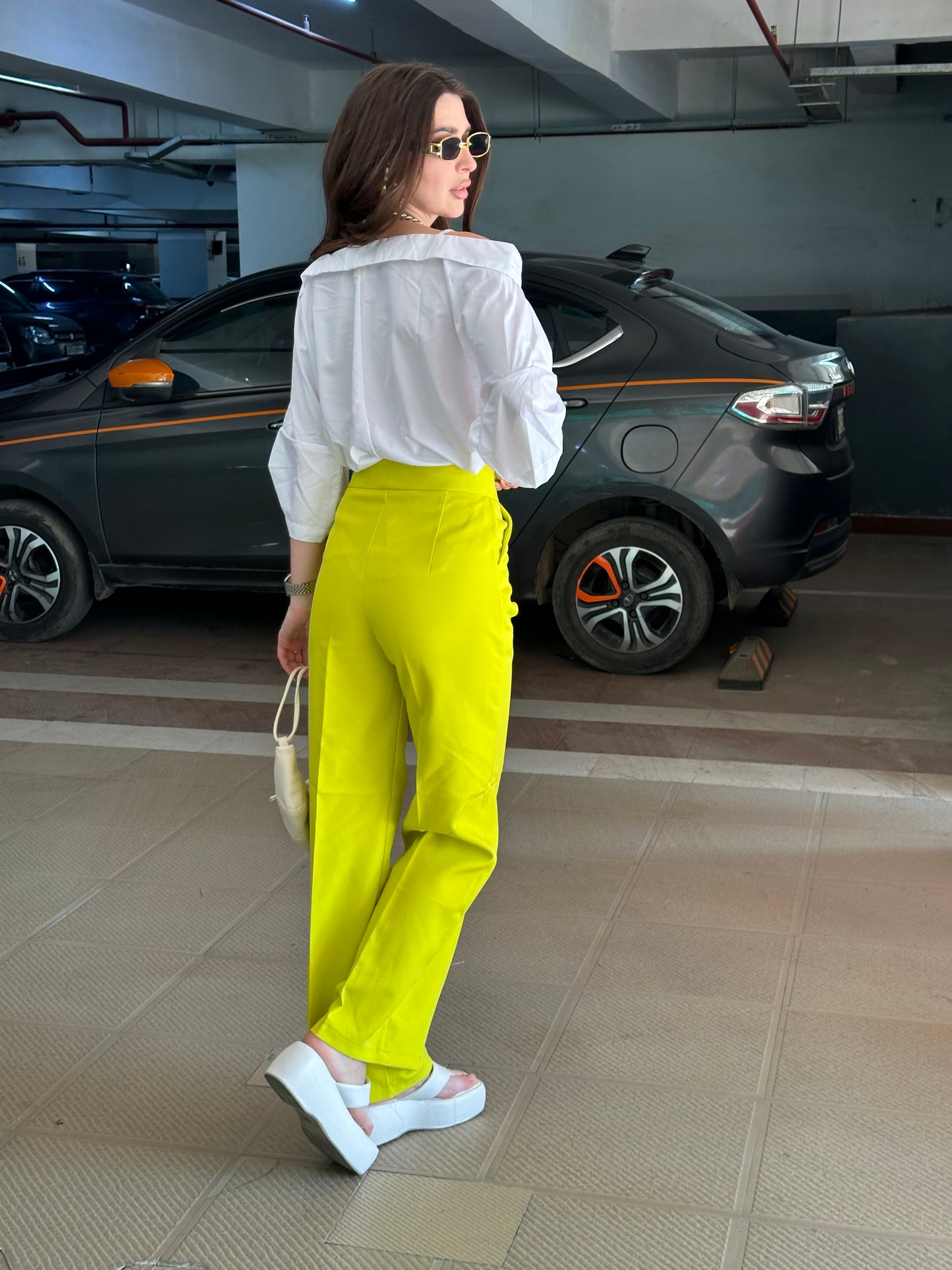 White Off-shoulder Shirt With Neon Yellow Pants