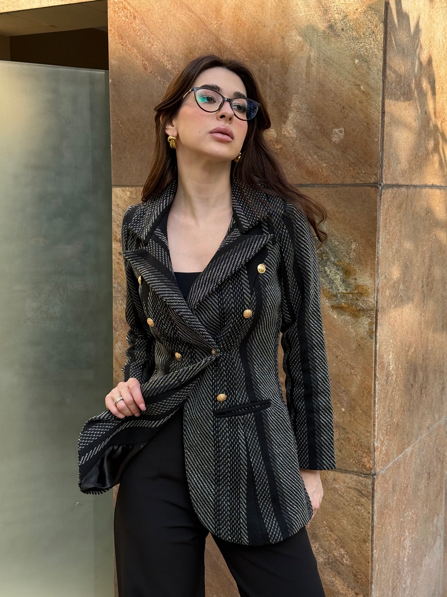 Tweed Long Sleeve Double Breasted Blazer