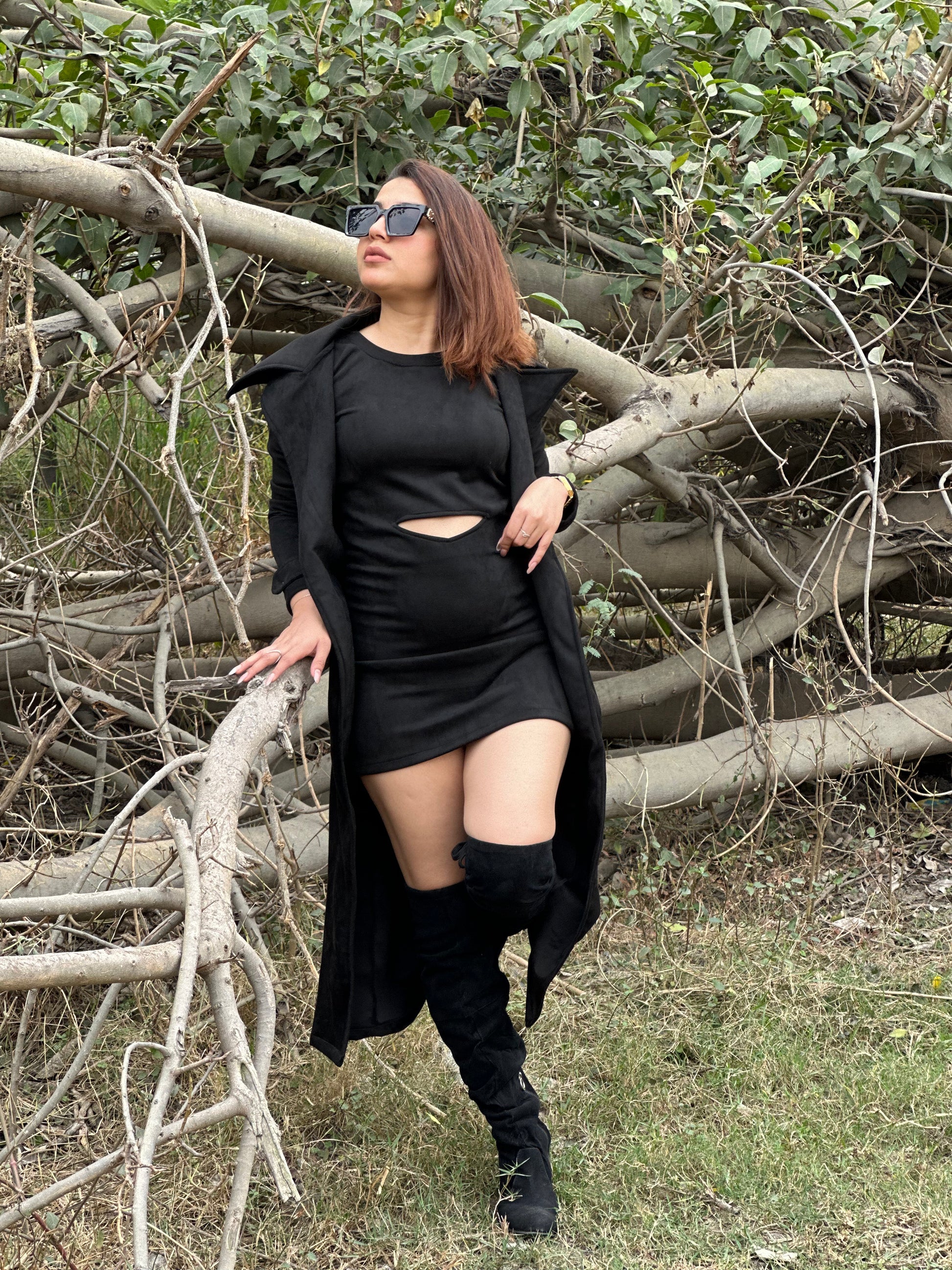 Suede Mini Dress With Long Shrug Jacket StyleAsh Suede Mini Dress With Long Shrug Jacket StyleAsh