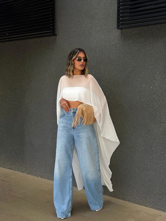 White Mesh Asymmetrical Long Top With Tube