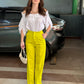 White Off-shoulder Shirt With Neon Yellow Pants