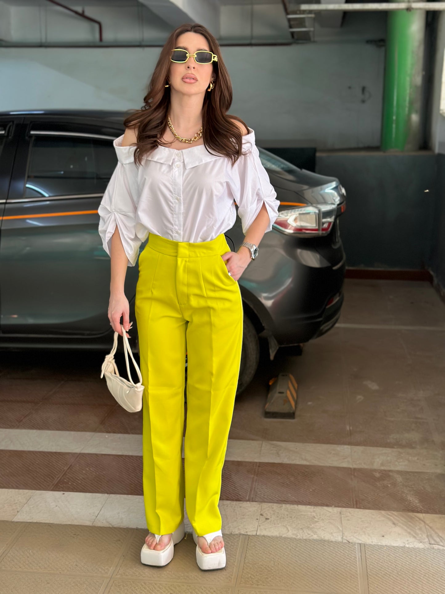 White Off-shoulder Shirt With Neon Yellow Pants