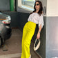 White Off-shoulder Shirt With Neon Yellow Pants