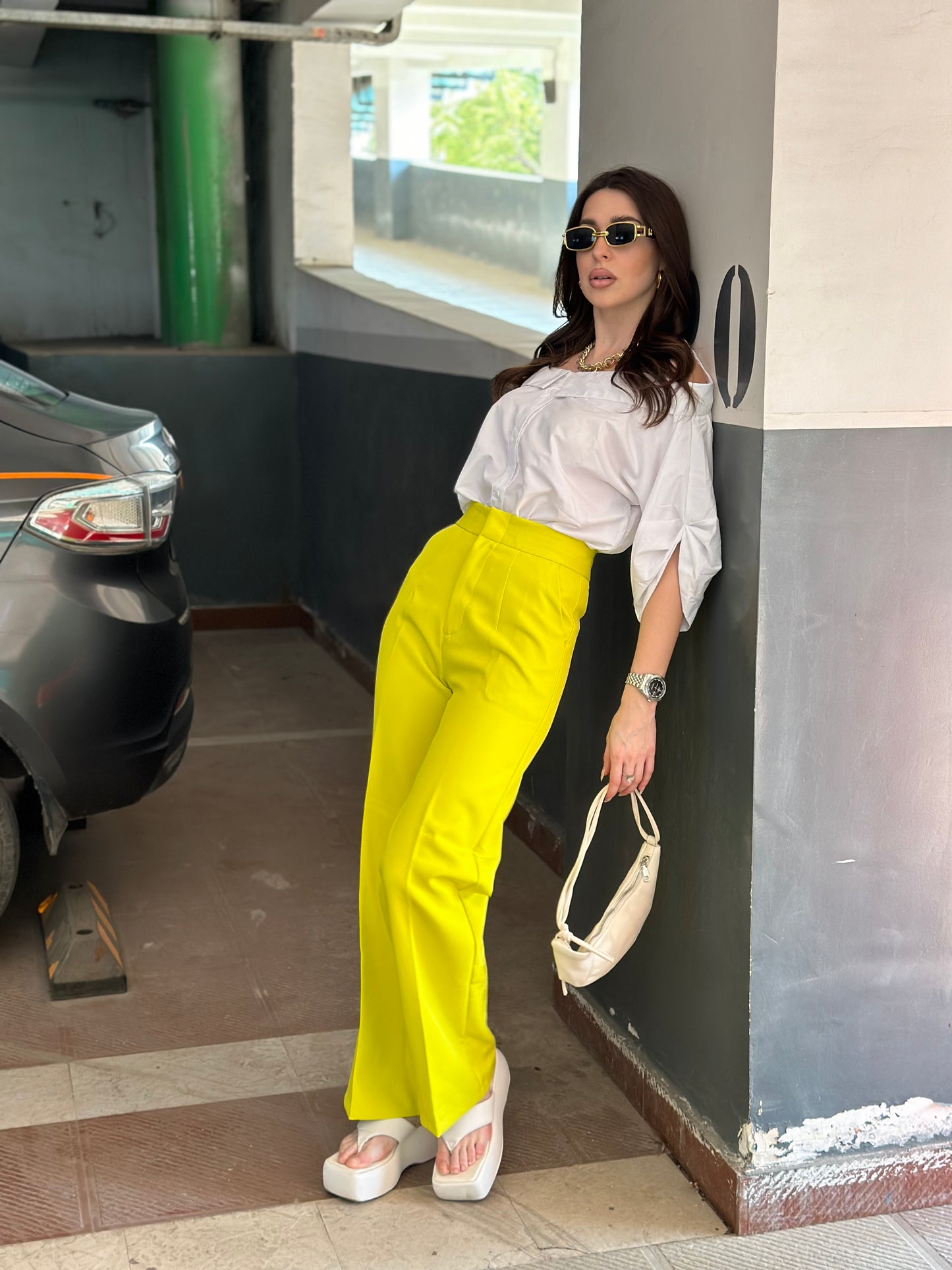 White Off-shoulder Shirt With Neon Yellow Pants