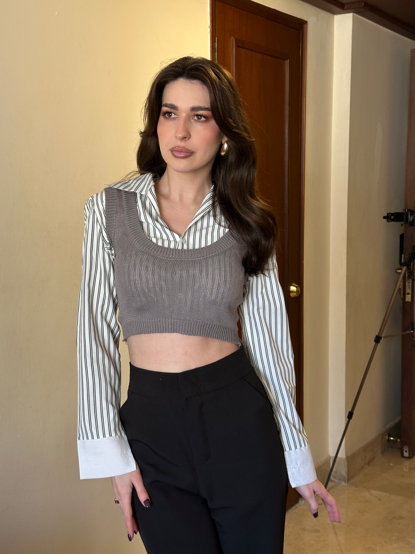 Clerical Cropped Shirt & Sweater Set
