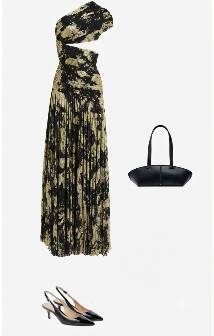 Gold Foil Pleated Festive Dress