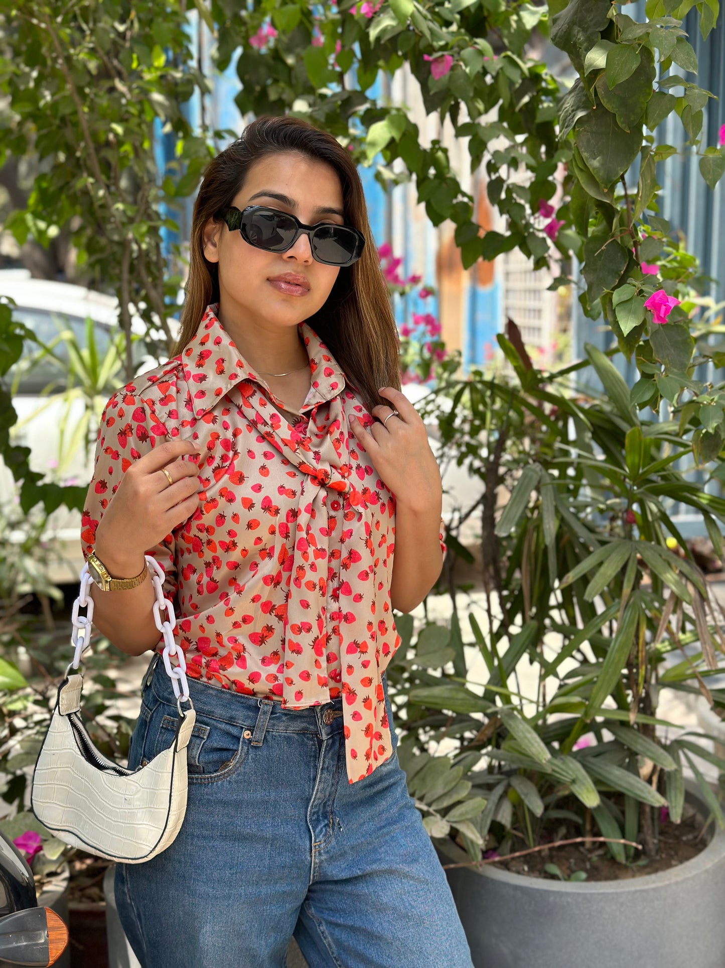 Strawberry Satin Shirt With Scarf