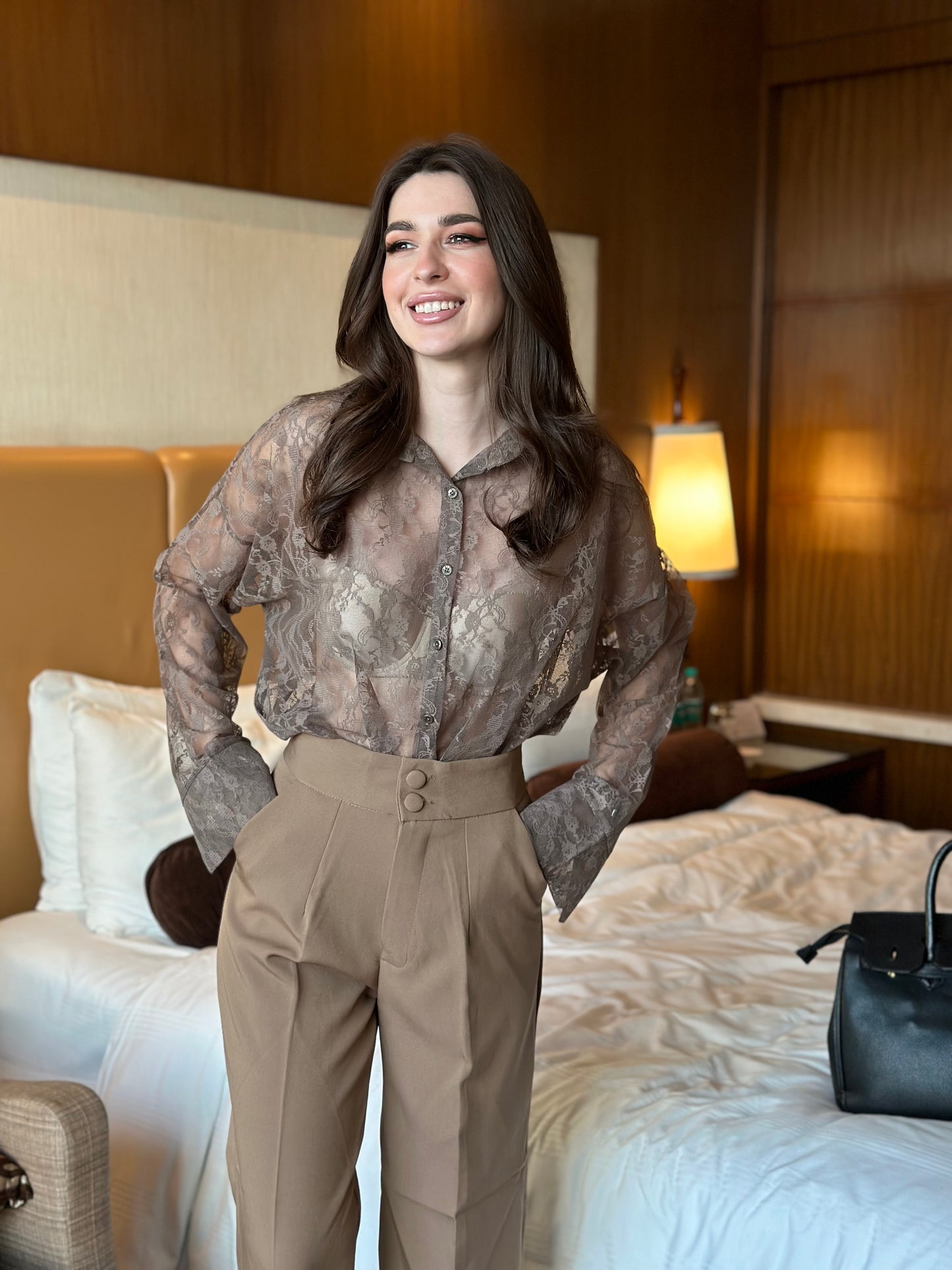 Lace See Through Shirt With Beige Pants