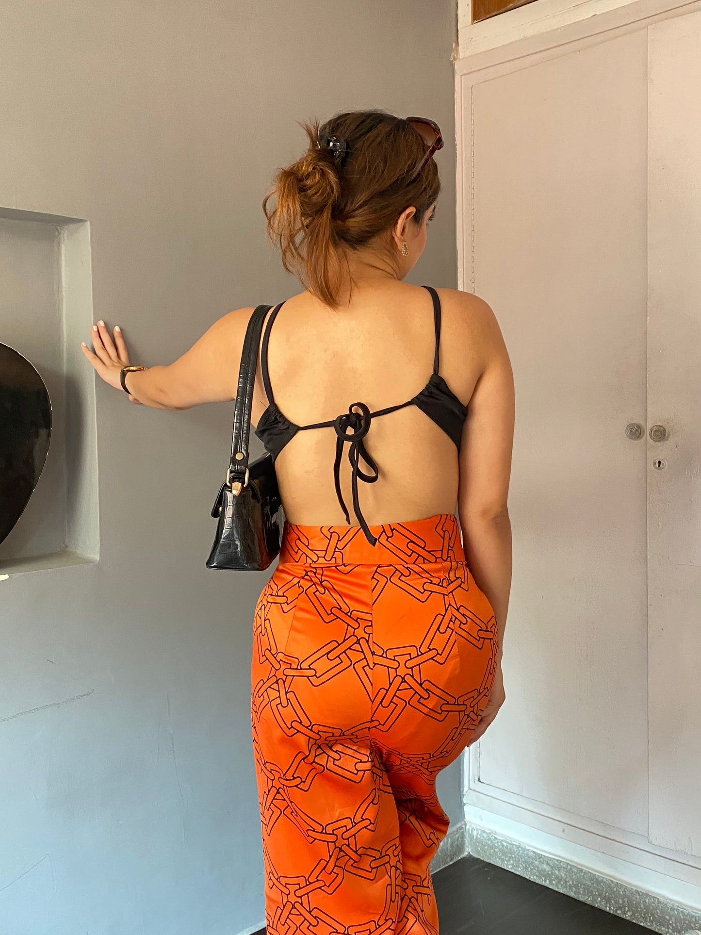 High Waist Chain Printed Wide Leg Satin Pants
