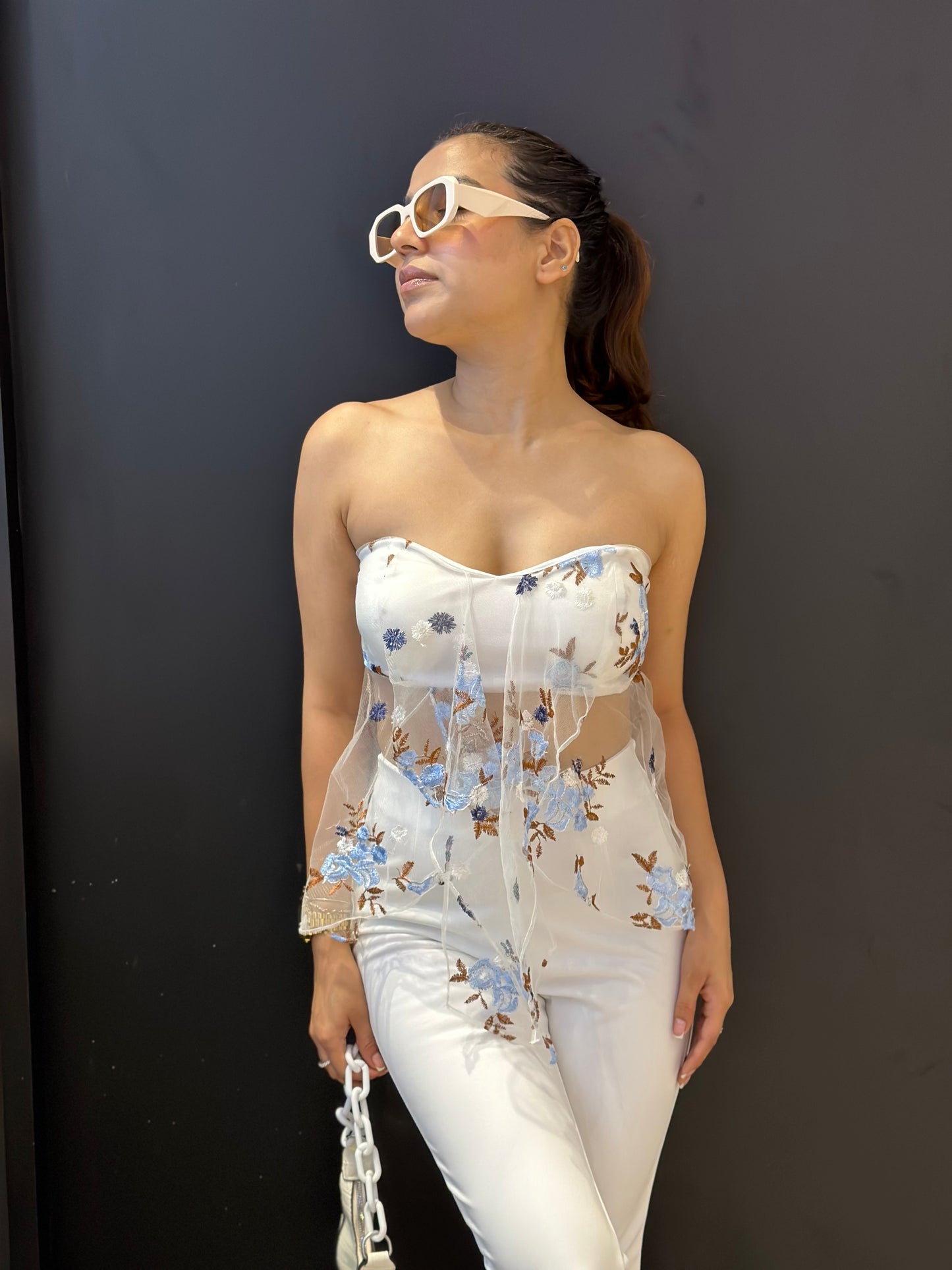 Mesh Floral Embroidered Padded Top