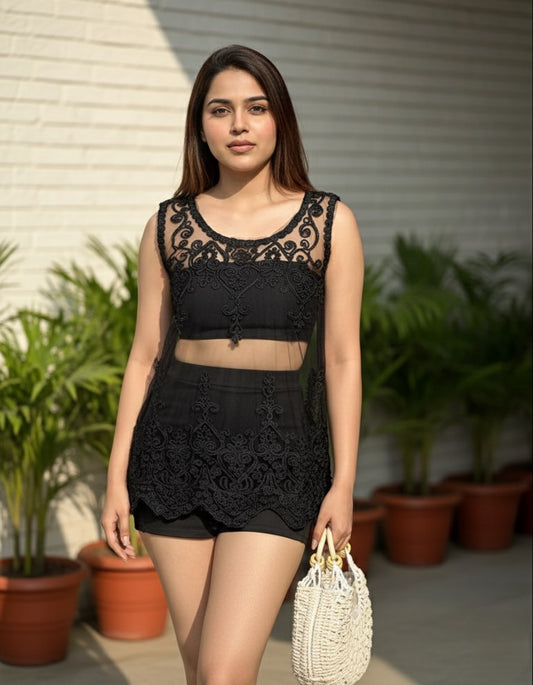 Mesh Embroidered Tunic Top With Skirt