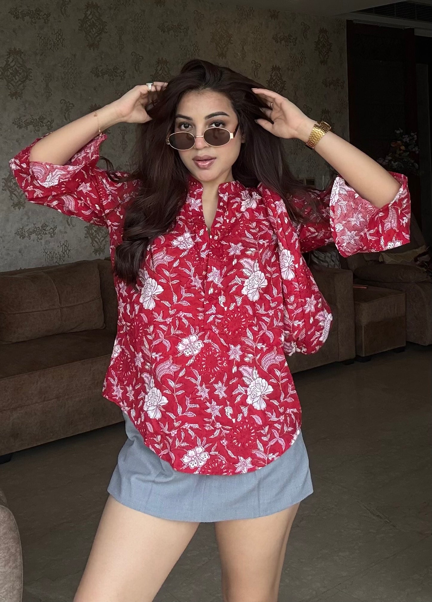 Indian Print Cotton Shirt With Bag
