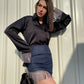 Combo Deal: Satin Black Rhinestone Shirt With Denim Skirt