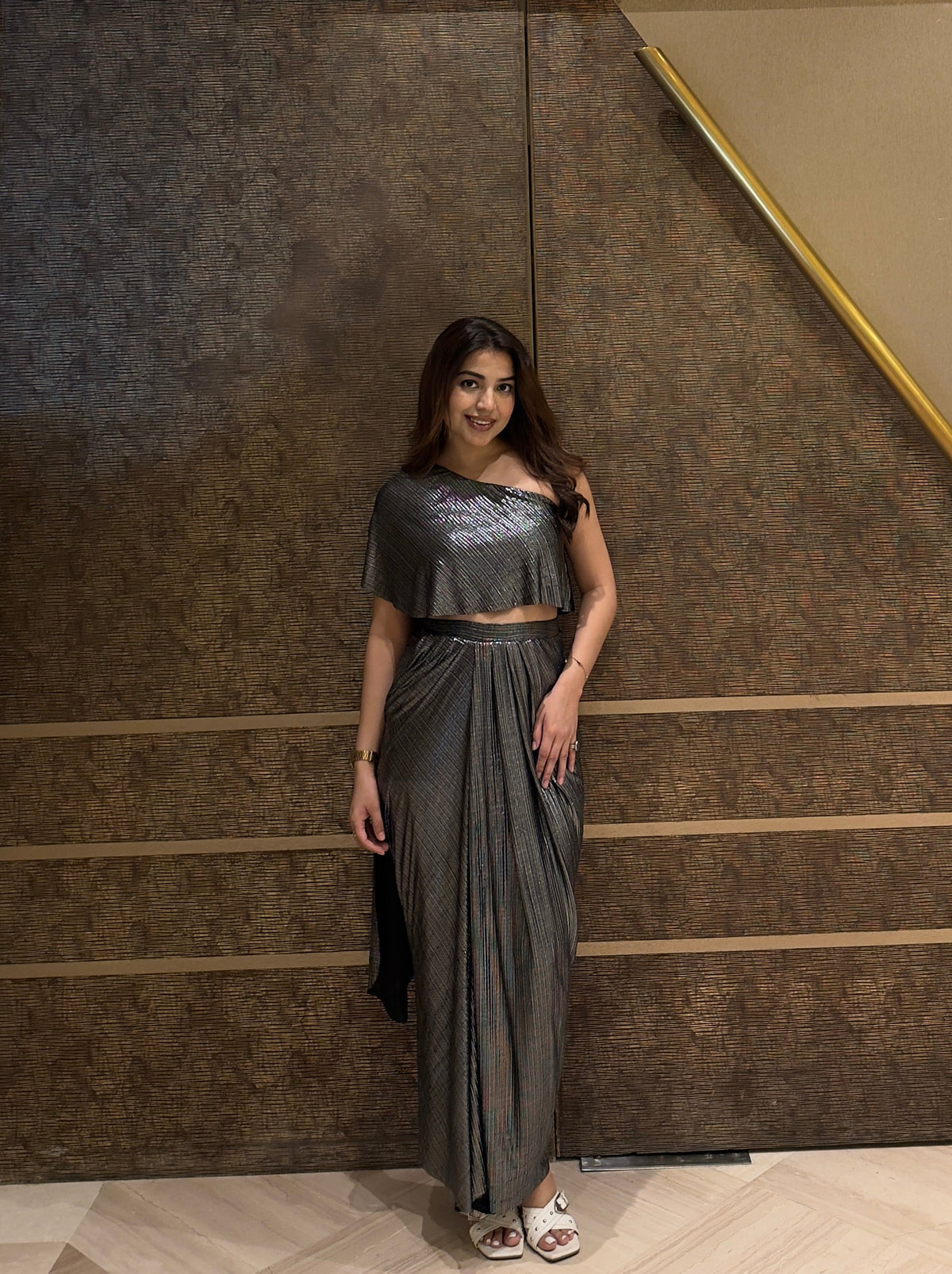 Metallic Pleated Skirt With Flared One Side Top
