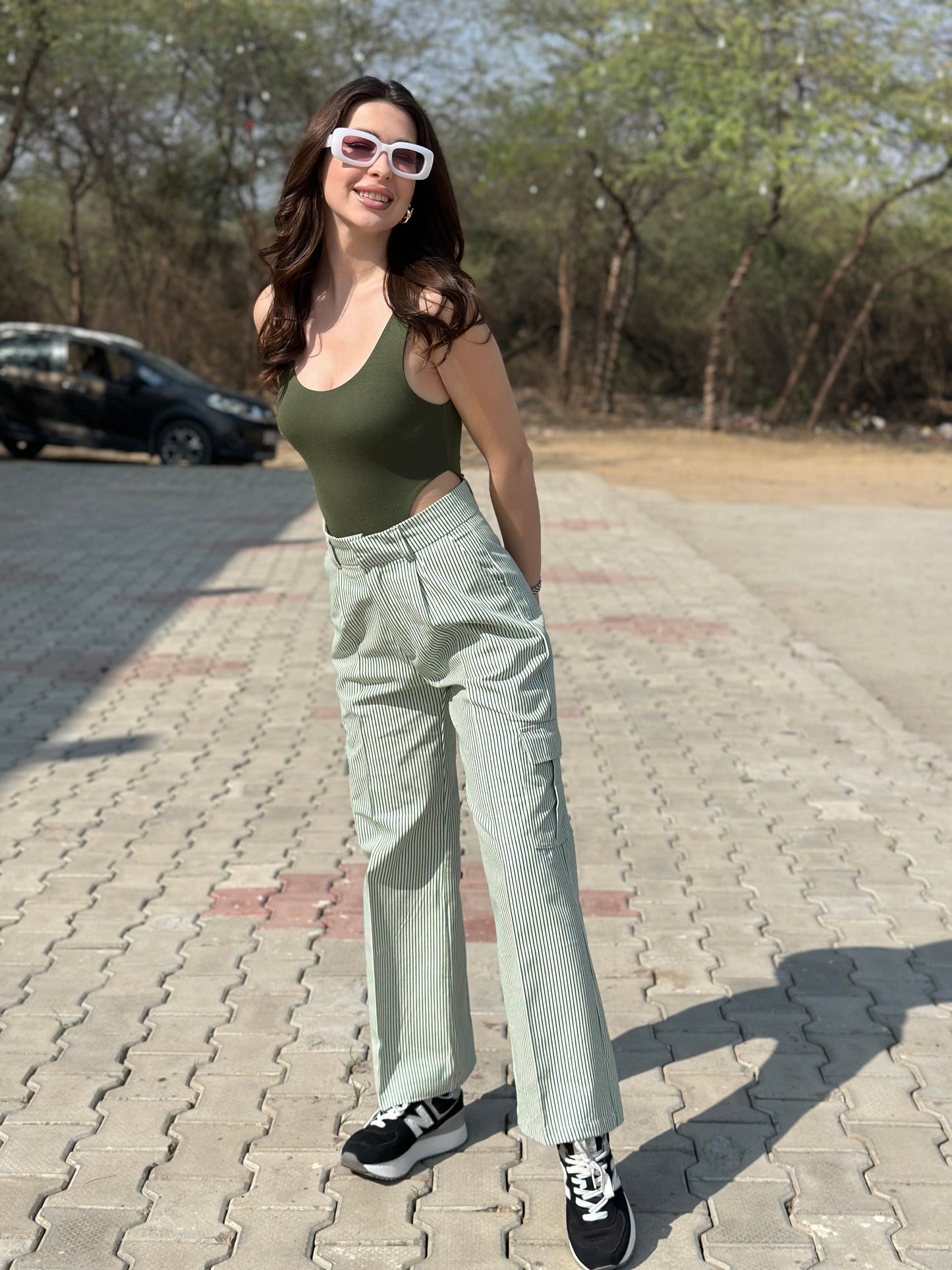 Striped Cargo Pants With Green Bodysuit