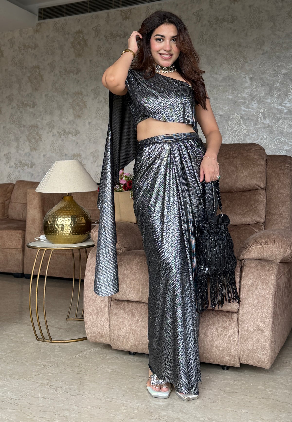 Metallic Pleated Skirt With Flared One Side Top