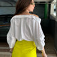 White Off-shoulder Shirt With Neon Yellow Pants