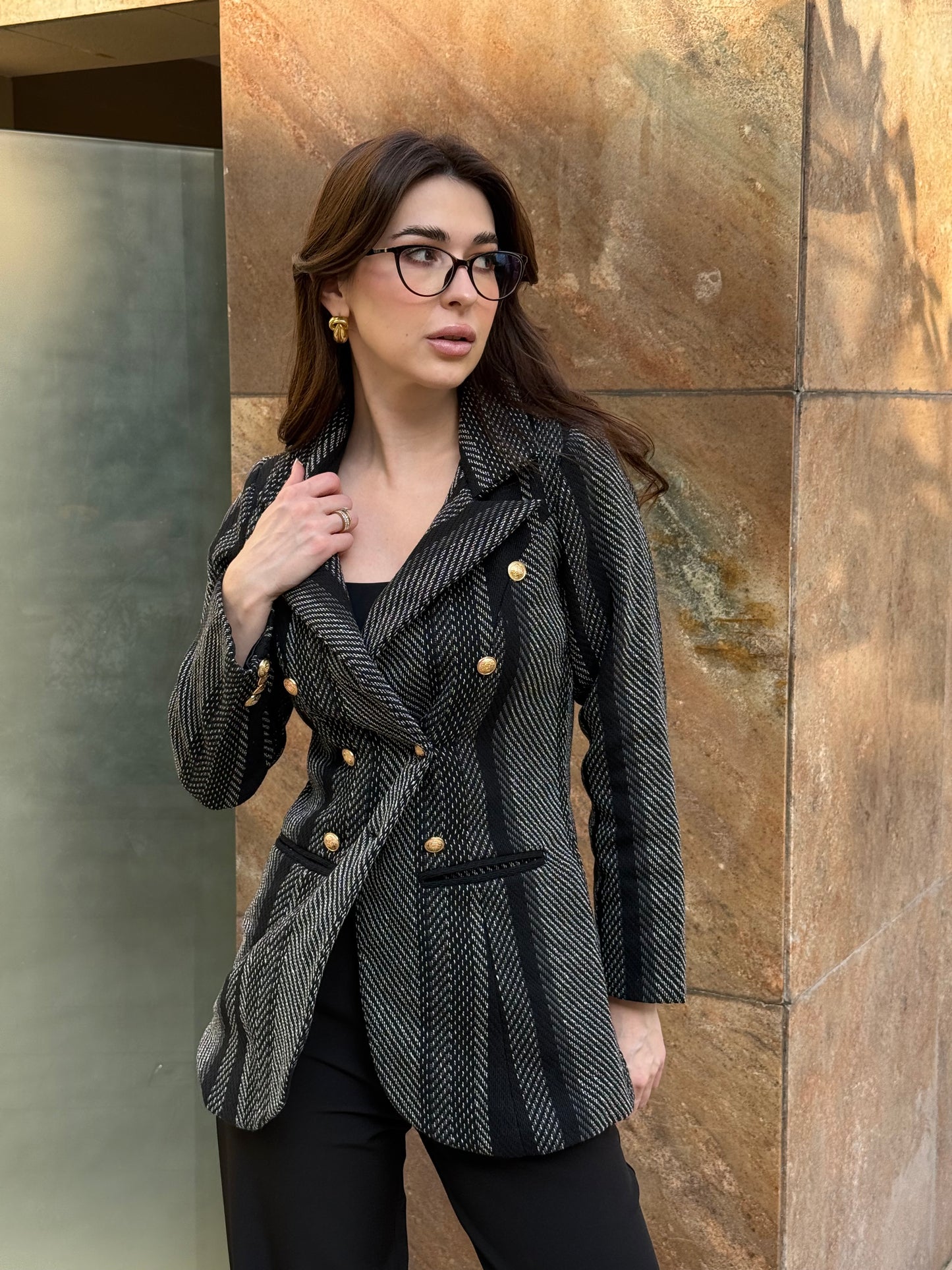 Tweed Long Sleeve Double Breasted Blazer