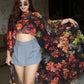 Floral Asymmetrical Cape Top With Bralette