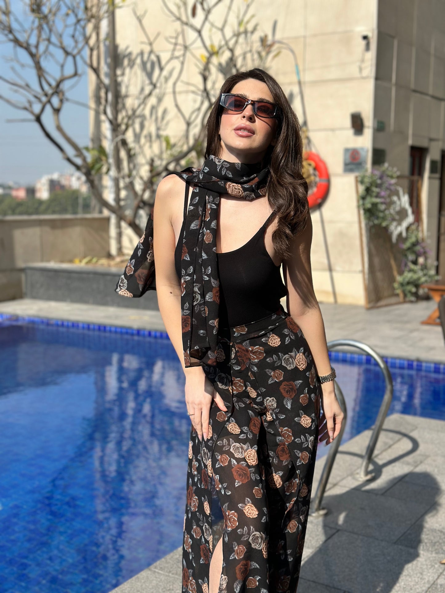 Floral Slit Pants With Scarf & Bodysuit