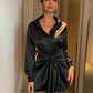Black Satin Tie Around Shirt Dress