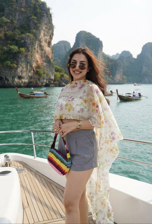 Floral Asymmetrical Cape Top With Bralette