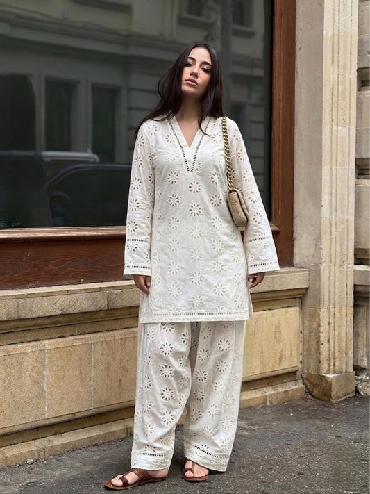 Cotton  Embroidered Farshi Pants Set