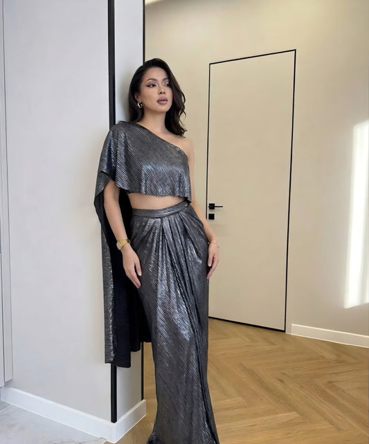 Metallic Pleated Skirt With Flared One Side Top