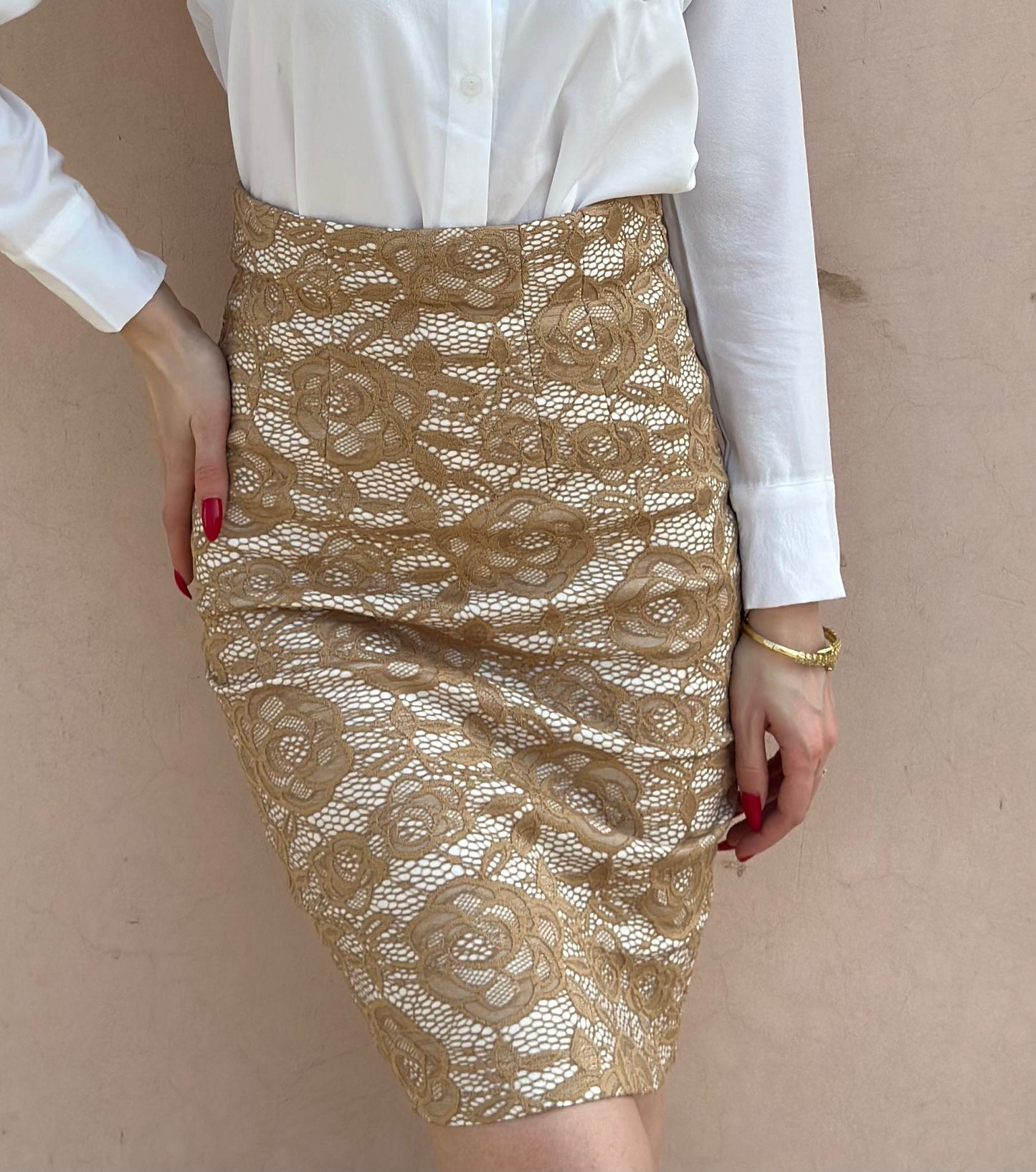 Beige Lace Pencil Skirt