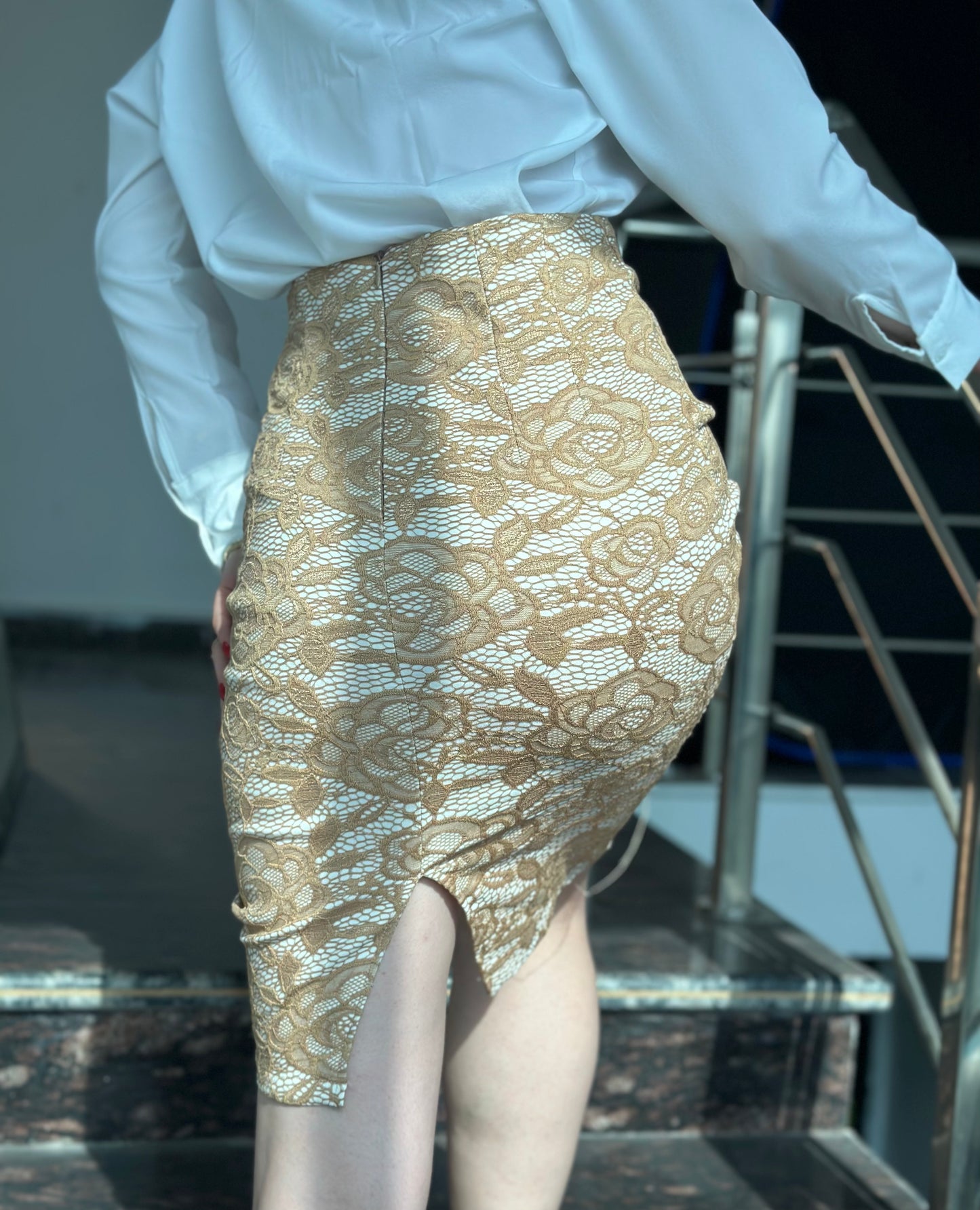 Beige Lace Pencil Skirt