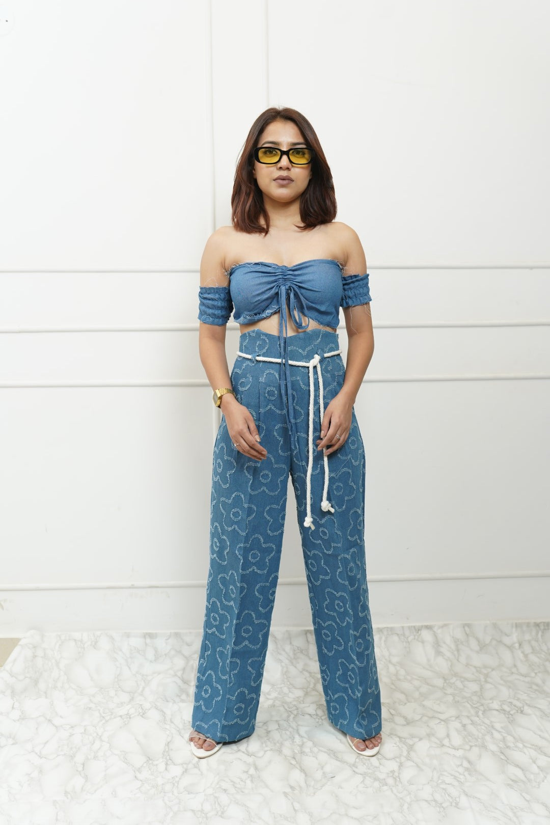 Denim Corset Rope Belt Pants With Padded Denim Top