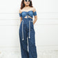 Denim Corset Rope Belt Pants With Padded Denim Top