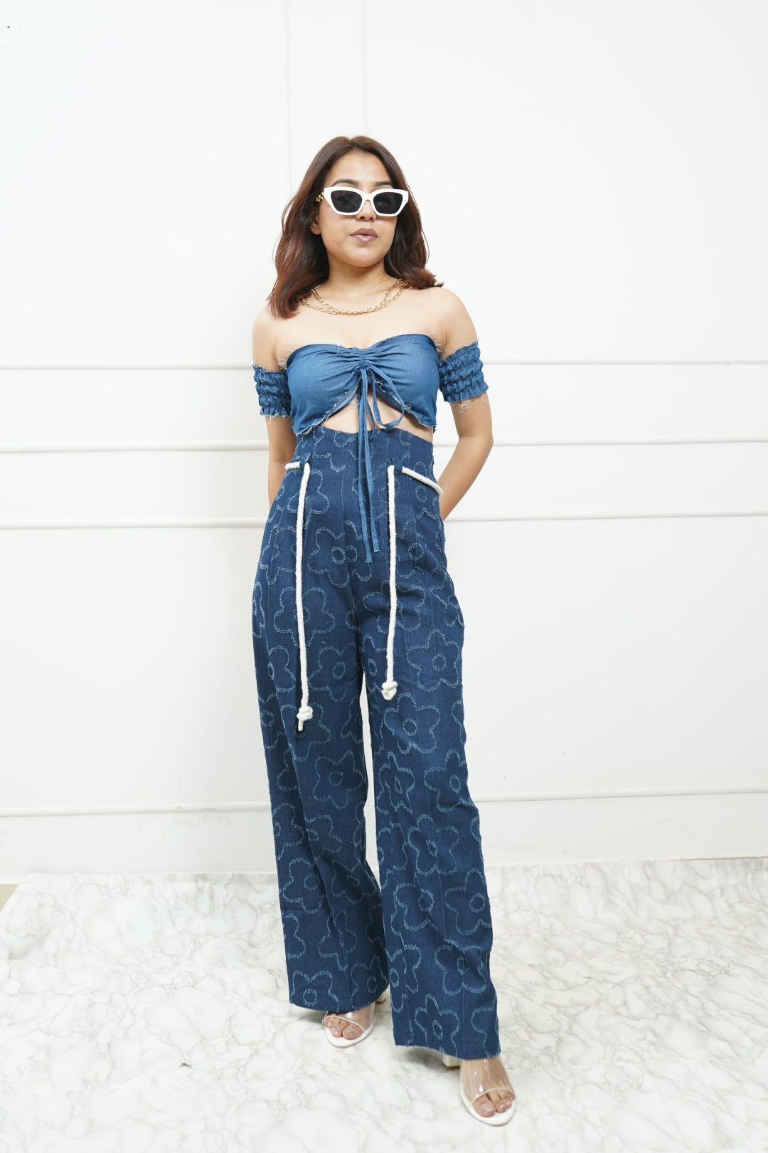 Denim Corset Rope Belt Pants With Padded Denim Top