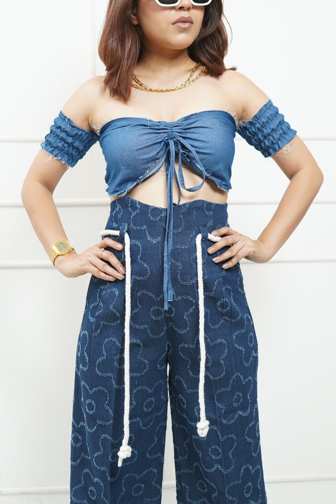 Denim Corset Rope Belt Pants With Padded Denim Top